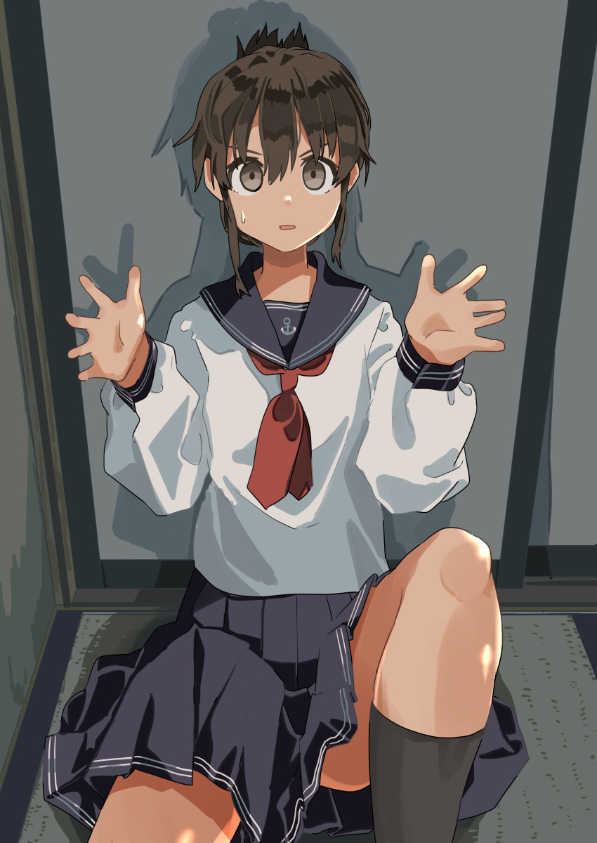 1girl absurdres bad_hands black_legwear black_neckerchief black_sailor_collar black_skirt brown_eyes brown_hair commentary_request cowboy_shot door folded_ponytail haida_katsuretsu highres inazuma_(kancolle) kantai_collection kneehighs long_hair looking_at_viewer neckerchief open_hands pleated_skirt sailor_collar school_uniform serafuku sitting skirt solo tatami