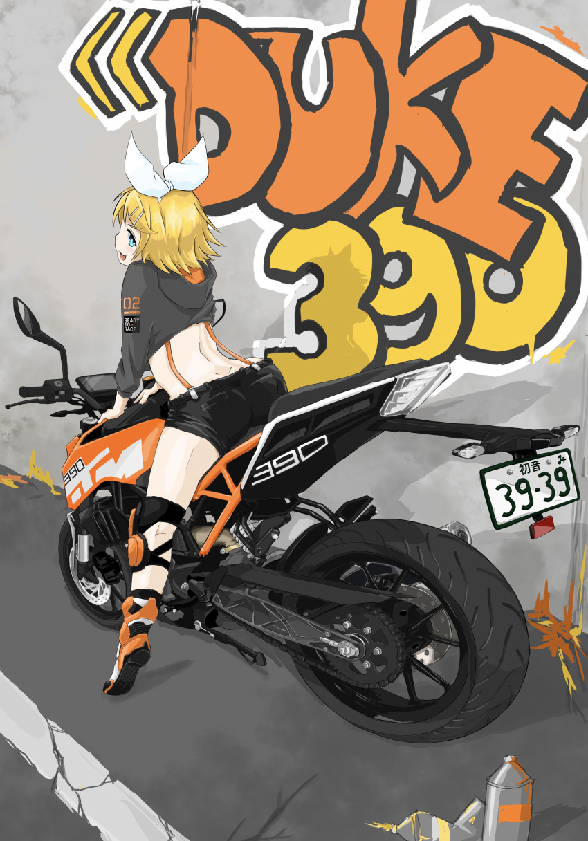 1girl absurdres ass back black_shorts blonde_hair blue_eyes bow crop_top graffiti grey_hoodie ground_vehicle hair_bow hair_ornament hairclip headphones highres hood hoodie izki kagamine_rin knee_pads looking_at_viewer looking_back motor_vehicle motorcycle on_motorcycle riding shorts sideways_glance sitting smile solo spray_can suspenders vocaloid