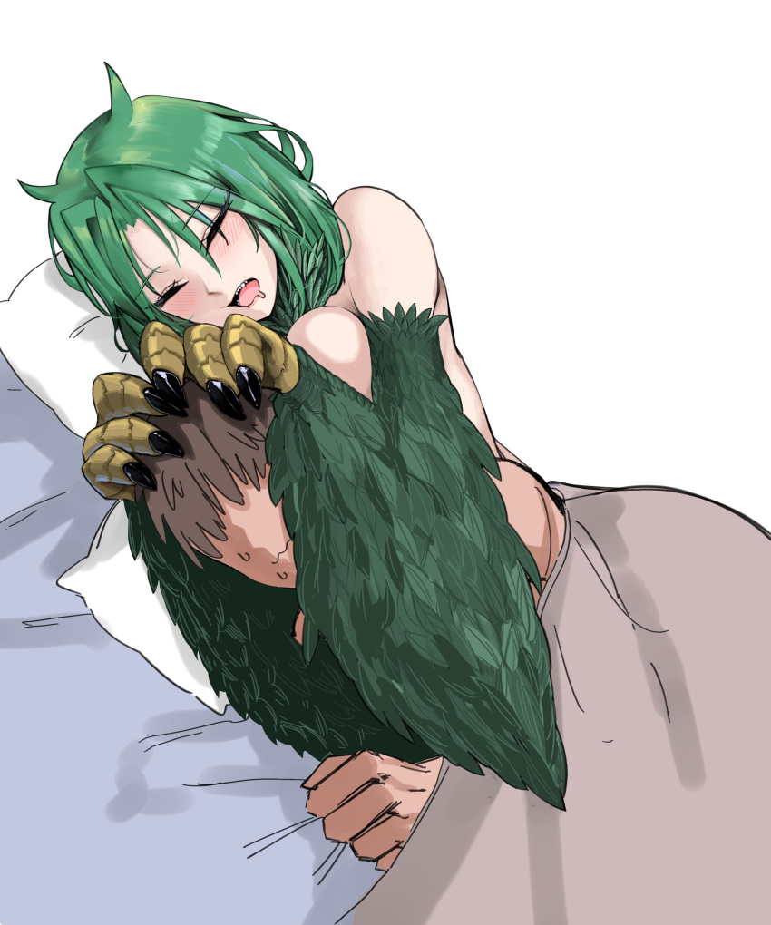 1boy 1girl absurdres animal_hands bangs blush brown_hair claws closed_eyes commentary_request drooling eocnd feathered_wings green_feathers green_hair harpy hetero highres long_hair monster_girl neck_ruff nude open_mouth original pillow sharp_teeth short_hair simple_background sleeping spooning sweatdrop teeth wavy_mouth white_background winged_arms wings