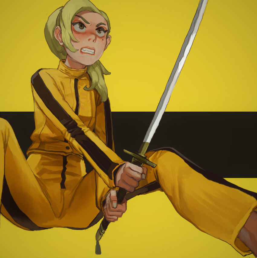 1girl beatrix_kiddo blonde_hair brown_eyes clenched_teeth fangs feet_out_of_frame freckles hair_over_shoulder highres holding holding_sword holding_weapon jacket kill_bill long_sleeves mole mole_under_eye mossacannibalis open_mouth pants solo standing sword teeth track_suit weapon yellow_background yellow_jacket yellow_pants