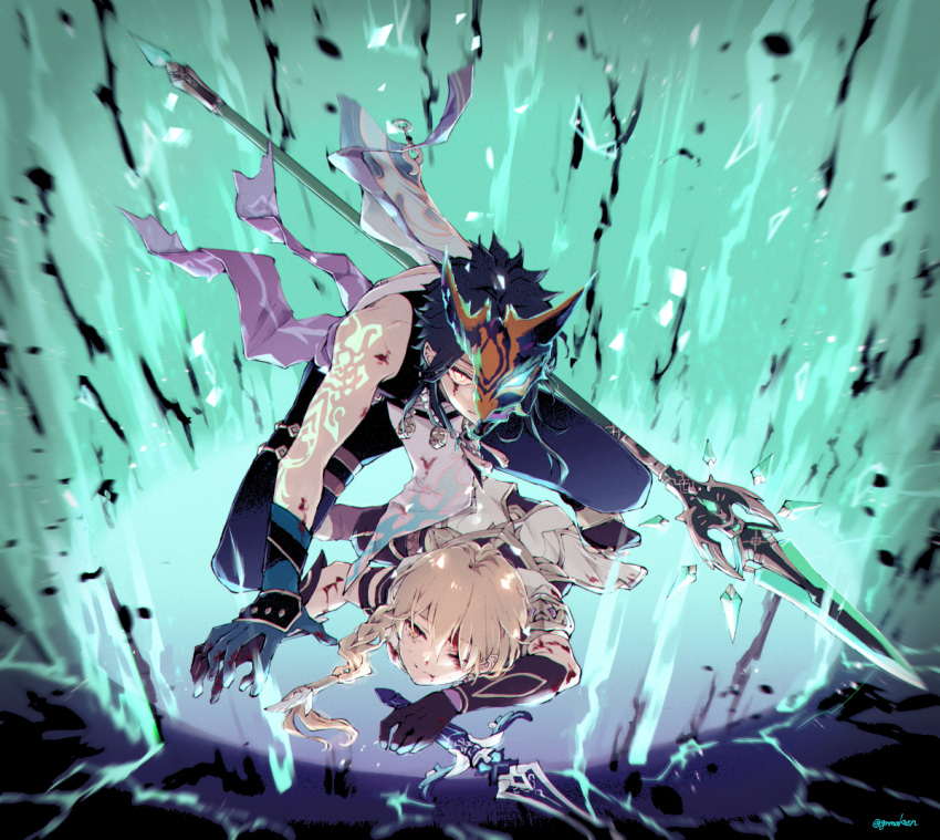 2boys aether_(genshin_impact) arm_guards arm_tattoo armor asymmetrical_clothes bead_necklace beads black_gloves bleeding bleeding_from_forehead blonde_hair blood blood_on_arm blood_on_face braid braided_ponytail commentary_request dark_green_hair detached_sleeves dynamic_pose genshin_impact gloves glowing_tattoo gnmakosn green_gloves green_hair hand_on_another's_hand holding holding_polearm holding_weapon jewelry long_hair lying mask multiple_boys necklace on_stomach one_eye_closed pendant polearm primordial_jade_winged-spear_(genshin_impact) protecting sacrifical_sword_(genshin_impact) short_hair short_hair_with_long_locks signature single_braid single_detached_sleeve spear squatting tassel tattoo toned toned_male twitter_username weapon wide_sleeves xiao_(genshin_impact) yellow_eyes