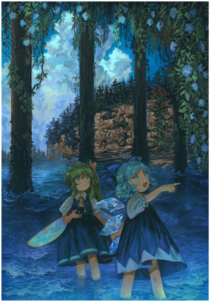 2girls :d :| ascot bangs black_footwear blue_bow blue_dress blue_eyes blue_flower blue_hair blue_skirt blue_vest bow cirno closed_mouth clouds collared_shirt commentary curly_hair daiyousei dress fairy_wings flower foaming_waves forest green_eyes green_hair hair_between_eyes hair_bow highres hill holding holding_hands holding_shoes ice ice_wings k0nfette multiple_girls nature pointing puffy_short_sleeves puffy_sleeves scenery shirt shoes short_sleeves side_ponytail signature skirt skirt_set smile touhou vest wading water white_shirt wings yellow_ascot yellow_bow