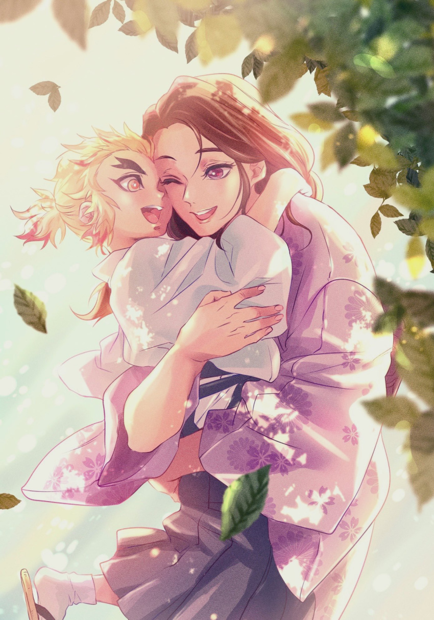 1boy 1girl blonde_hair blurry brown_hair carrying child child_carry colored_tips dappled_sunlight day depth_of_field falling_leaves floral_print forked_eyebrows hakama happy highres hug japanese_clothes kimetsu_no_yaiba kimono leaf long_hair looking_at_another looking_away mother_and_son multicolored_hair nature nyapon one_eye_closed open_mouth outdoors ponytail purple_kimono redhead rengoku_kyoujurou rengoku_ruka socks streaked_hair sunlight white_legwear wind younger zouri