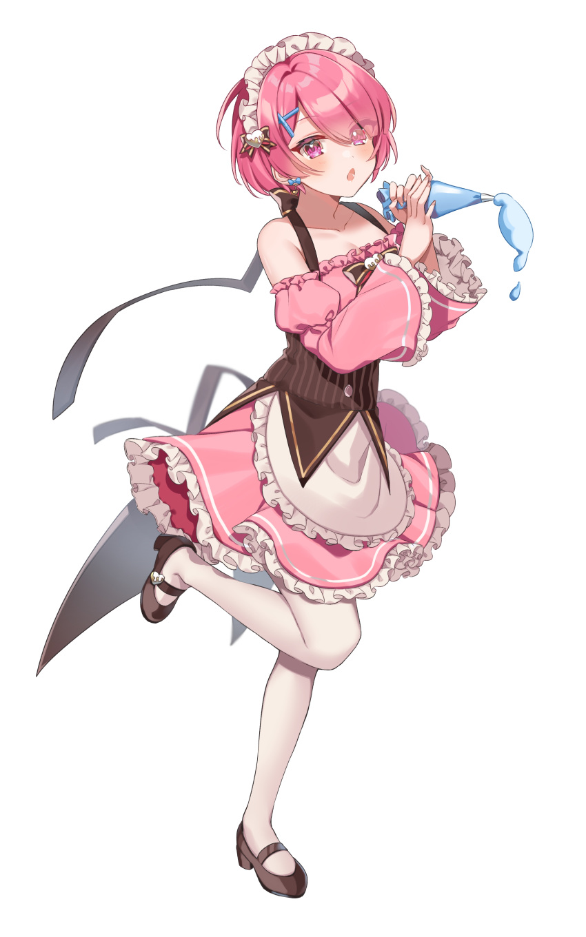1girl absurdres anzu_1026 bangs brown_footwear dress eyes_visible_through_hair full_body hair_ornament highres light_blush long_sleeves maid_headdress mary_janes open_mouth pantyhose pastry_bag pink_dress pink_eyes pink_hair ram_(re:zero) re:zero_kara_hajimeru_isekai_seikatsu shoes short_hair simple_background solo standing standing_on_one_leg symbol-only_commentary white_background x_hair_ornament