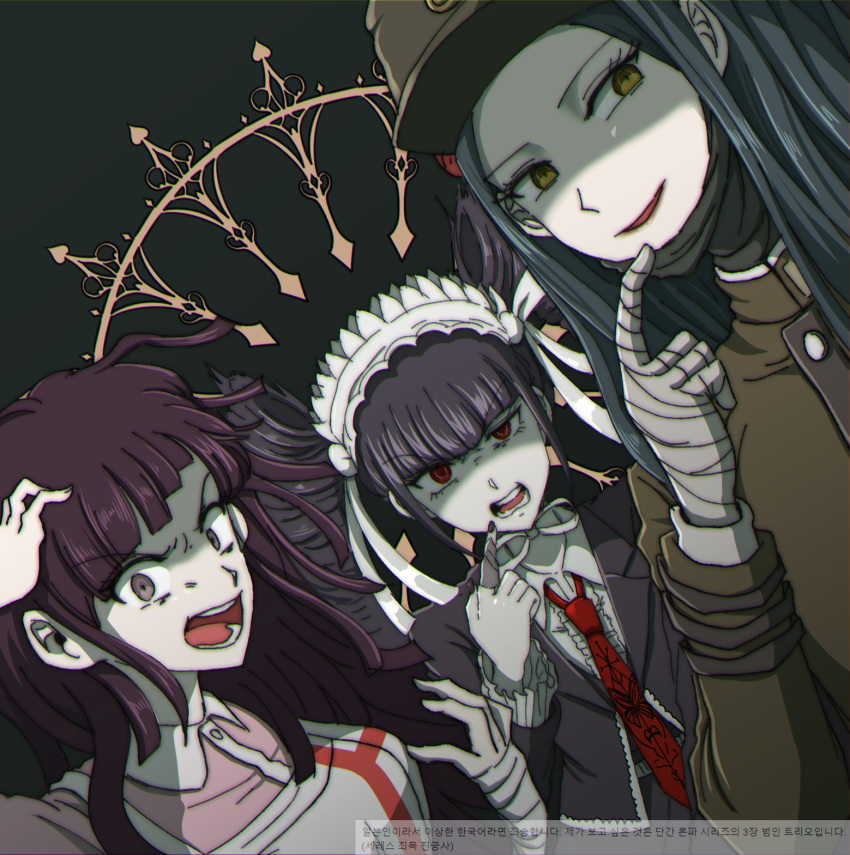 1boy 2girls androgynous apron bandaged_hand bandages bangs black_background black_hair black_jacket black_nails celestia_ludenberg collared_shirt danganronpa:_trigger_happy_havoc danganronpa_(series) danganronpa_2:_goodbye_despair danganronpa_v3:_killing_harmony drill_hair frilled_shirt frills green_eyes green_headwear green_jacket highres index_finger_raised jacket long_hair long_sleeves multiple_girls nail_polish necktie open_mouth pink_shirt print_necktie red_necktie shinguuji_korekiyo shiny shiny_hair shirt tansug_(tansuk88) teeth tongue translation_request tsumiki_mikan twin_drills twintails