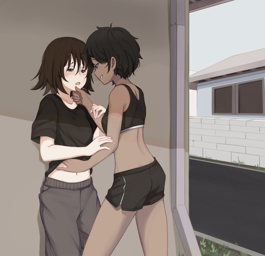 2girls black_hair black_shirt black_shorts black_tank_top blush brown_eyes brown_hair commentary dark-skinned_female dark_skin english_commentary eye_contact freckles grey_pants hand_on_another's_chin hand_on_another's_stomach hiwonoafu looking_at_another midriff multiple_girls navel open_mouth original pants saliva saliva_trail shirt short_hair short_shorts short_sleeves shorts smile tank_top tomboy yuri