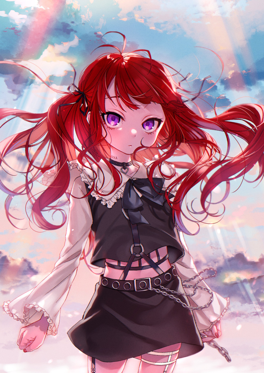 1boy absurdres arms_at_sides bangs belt black_bow black_ribbon black_skirt black_vest bow chain closed_mouth clouds cloudy_sky commentary cowboy_shot crop_top dancho_(dancyo) frilled_sleeves frills garter_straps garters hair_ribbon heart_collar highres kurumi_(zettai_tenshi_kurumi-chan) light_rays long_hair long_sleeves looking_at_viewer midriff o-ring pencil_skirt red_nails redhead ribbon shirt skirt sky sleeves_past_wrists solo sunlight two_side_up vest violet_eyes white_shirt zettai_tenshi_kurumi-chan