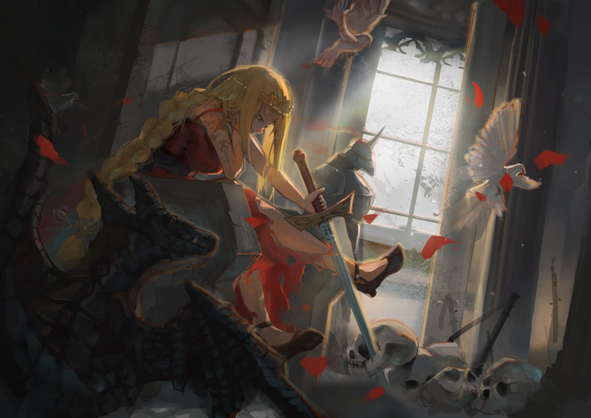 1girl absurdres arm_tattoo bangs bird blonde_hair dove dragon dress fang_qiao green_eyes head_rest high_heels highres holding holding_sword holding_weapon leaning_forward long_hair original pile_of_skulls red_dress skull solo sword tattoo throne tiara torn_clothes torn_dress very_long_hair weapon window
