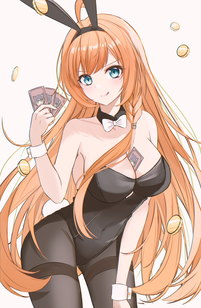 1girl absurdres ahoge animal_ears bangs black_leotard blue_eyes bow bowtie braid breasts card coin costone covered_navel cowboy_shot detached_collar fake_animal_ears hand_up highres holding holding_card karyl_(princess_connect!) large_breasts leotard long_hair orange_hair pantyhose pecorine_(princess_connect!) playboy_bunny princess_connect! rabbit_ears solo strapless strapless_leotard white_bow white_bowtie wrist_cuffs