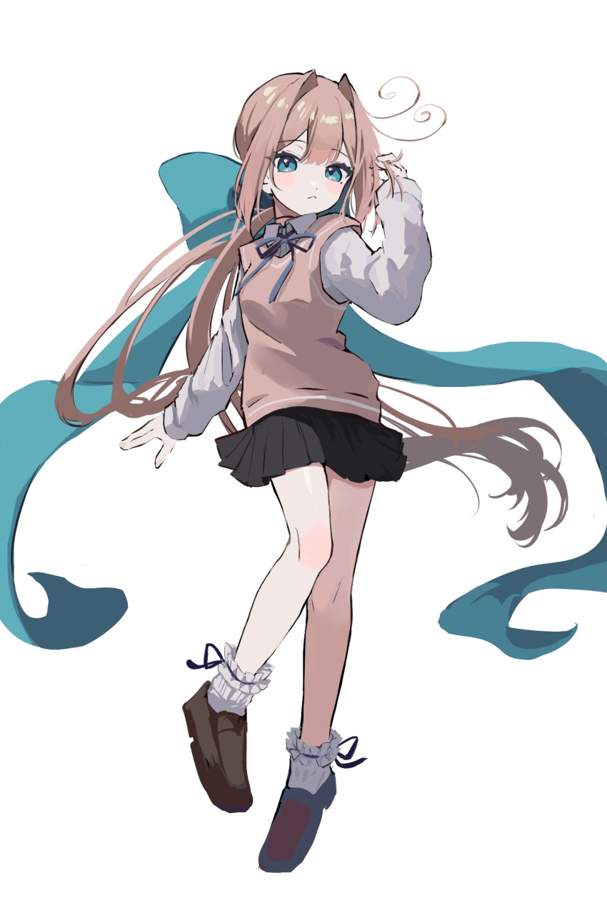 1girl :&lt; ahute antenna_hair bangs blue_eyes blush_stickers bow brown_hair collared_shirt eyebrows_visible_through_hair frilled_legwear hair_bow hair_intakes hair_twirling highres large_bow loafers long_hair long_sleeves looking_at_viewer low_ponytail neck_ribbon original pleated_skirt ponytail ribbon school_uniform shirt shoes skirt solo standing standing_on_one_leg sweater_vest very_long_hair