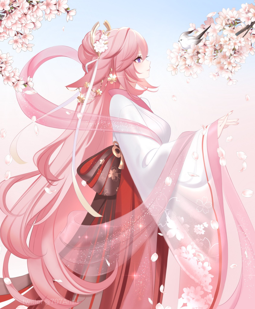 1girl 707arisu animal_ears bangs bird cherry_blossoms closed_mouth commentary eyebrows_visible_through_hair fingernails floral_print flower fox_ears fox_girl genshin_impact gradient gradient_background hair_between_eyes hair_flower hair_ornament hair_ribbon highres japanese_clothes long_hair long_sleeves looking_to_the_side looking_up miko outdoors petals pink_hair pink_lips pink_sash pointy_nose ribbon sash see-through sleeves_past_wrists smile solo sparkle standing twitter_username very_long_hair violet_eyes white_bird white_ribbon wide_sleeves yae_miko