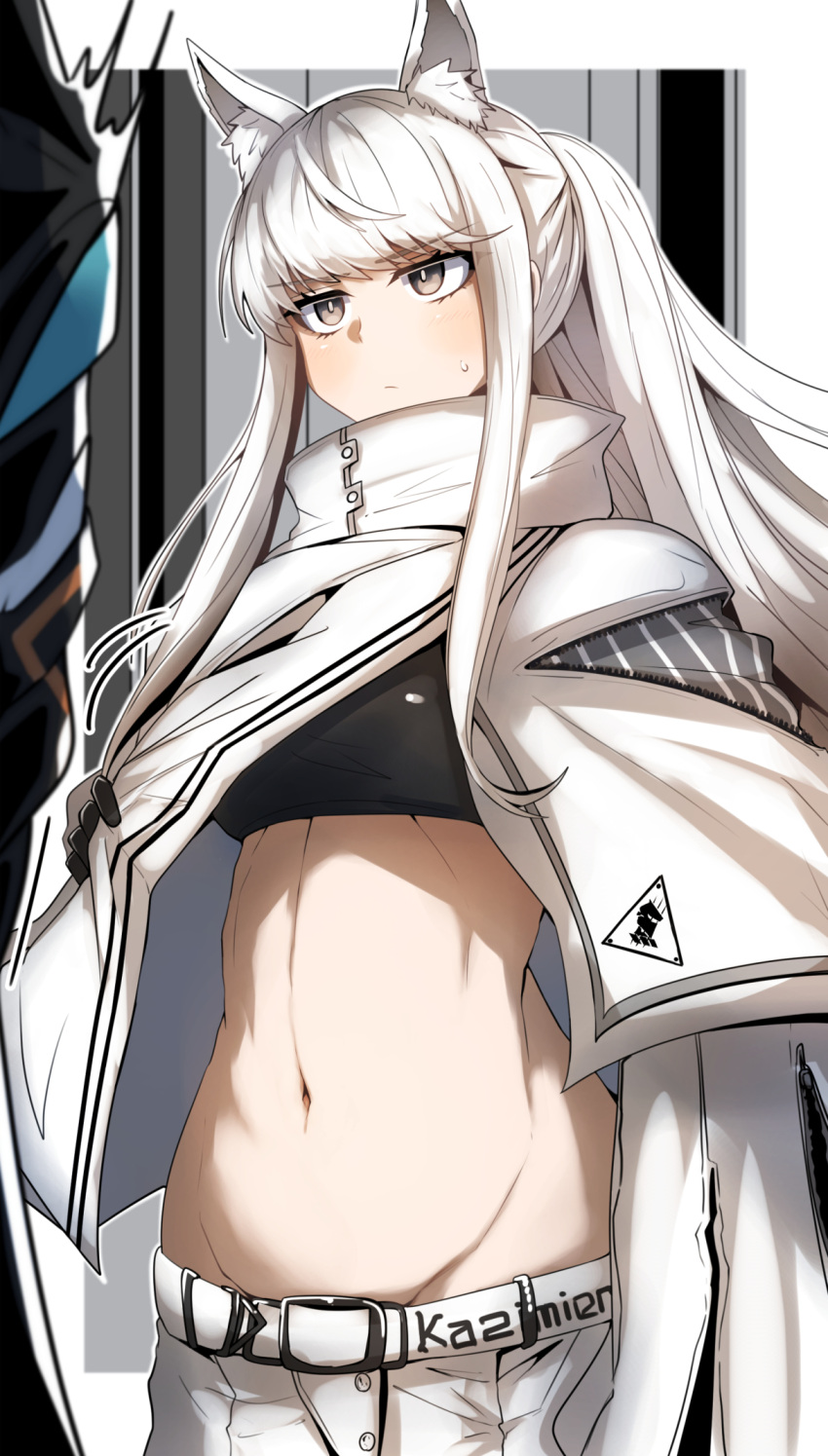 1girl 1other ambiguous_gender animal_ear_fluff animal_ears arknights belt black_bra blush bra brown_eyes clothes_pull cowboy_shot doctor_(arknights) extra_ears eyebrows_visible_through_hair gin_moku groin highres horse_ears jacket jacket_lift long_hair looking_at_another midriff navel out_of_frame platinum_(arknights) ponytail shorts shorts_pull sidelocks solo_focus sweatdrop underwear v-shaped_eyebrows white_belt white_hair white_jacket white_shorts