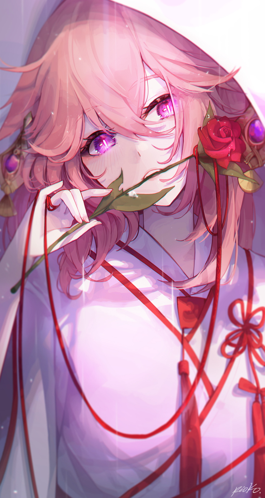 1girl artist_name blush bright_pupils dress eyebrows_visible_through_hair flower genshin_impact hair_between_eyes highres holding holding_flower japanese_clothes parted_lips pink_eyes pink_hair pistachiocream red_flower red_ribbon red_rose ribbon rose slit_pupils solo teeth traditional_clothes upper_body wedding_dress white_pupils yae_miko