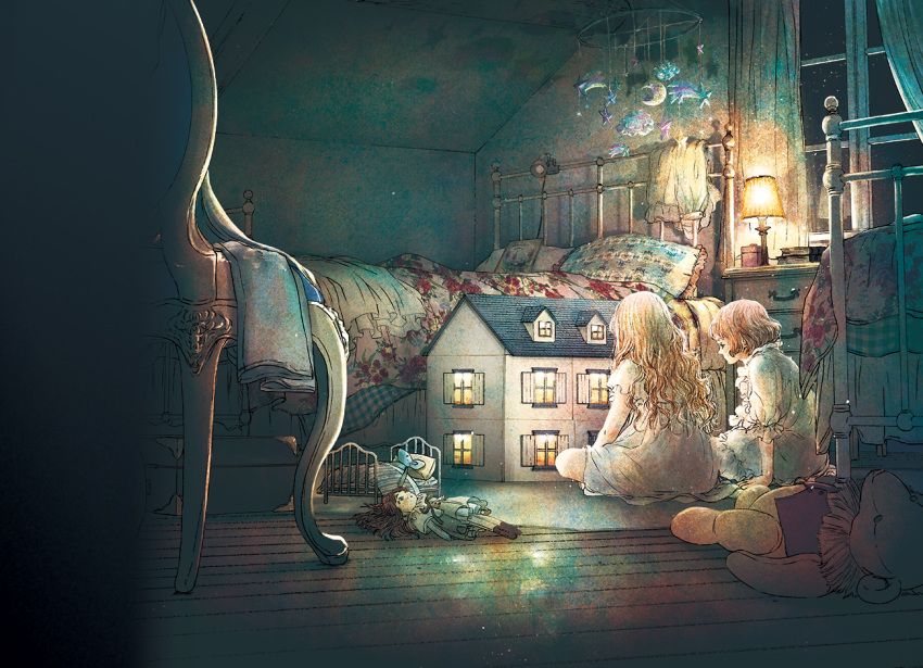 2girls bed bedroom blanket blonde_hair brown_hair carpet chair chest_of_drawers commentary_request desk_lamp doll doll_house dress indoors kobone_awaki lamp light light_particles long_hair multiple_girls night nightgown original pillow short_hair sitting wavy_hair white_dress window wooden_floor