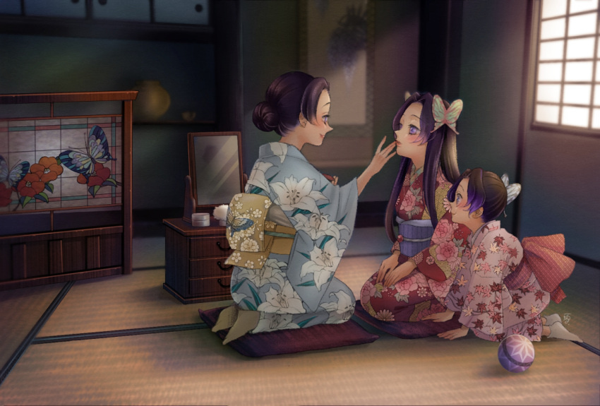 applying_makeup arm_support ball bangs black_hair blue_kimono blurry blush butterfly_hair_ornament child cushion depth_of_field extra family floral_print hair_bun hair_ornament happy indoors japanese_clothes kimetsu_no_yaiba kimono kneeling kochou_kanae kochou_shinobu leaf_print leaning_forward long_hair looking_at_another mirror mother_and_daughter multicolored_hair no_shoes outstretched_arm painting_(object) parted_bangs pink_kimono profile purple_hair red_kimono seiza siblings sisters sitting sliding_doors smile streaked_hair tabi tatami temari_ball updo vanity_table vase violet_eyes younger yuki_(yuki3243) zabuton