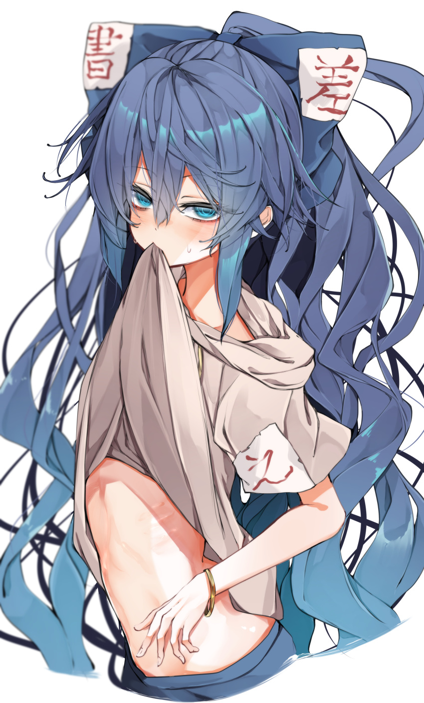 1girl absurdres bangle blue_bow blue_eyes blue_hair blue_skirt blush bow bracelet clothes_lift eyebrows_visible_through_hair grey_hoodie hair_between_eyes hair_bow highres hood hoodie jewelry lifted_by_self long_hair looking_at_viewer shirt_lift short_sleeves simple_background skirt solo touhou tsune_(tune) upper_body white_background yorigami_shion