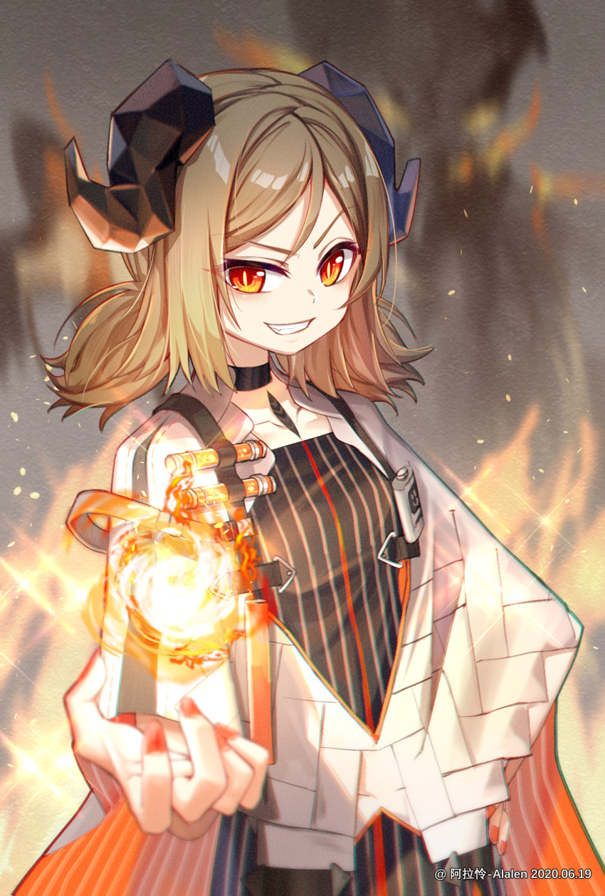 1girl alalen arknights artist_name black_choker black_dress blonde_hair choker clenched_teeth collarbone dated demon_horns dress fire grey_background grin hand_up highres horns ifrit_(arknights) jacket looking_at_viewer orange_nails originium_arts_(arknights) red_eyes short_hair short_twintails smile teeth twintails upper_body v-shaped_eyebrows white_jacket