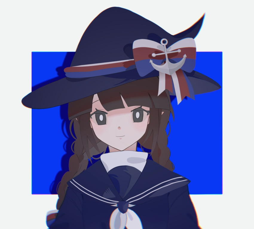 1girl anchor_hat_ornament bangs bow braid brown_hair closed_mouth dress eyebrows_behind_hair funamusea gennshi hat hat_bow hat_ornament highres long_hair looking_at_viewer oounabara_to_wadanohara sailor_dress sailor_hat smile solo twin_braids upper_body wadanohara witch_hat