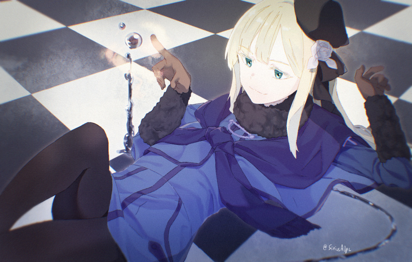 1girl bangs beret black_headwear black_legwear blonde_hair blue_dress blue_jacket blue_scarf breasts brown_gloves checkered_floor cropped_jacket dress fate_(series) fur_collar gloves green_eyes grey_rose hat highres jacket knee_up long_hair long_sleeves looking_at_viewer lord_el-melloi_ii_case_files lying mercury_(element) on_back pantyhose reines_el-melloi_archisorte scarf sidelocks small_breasts solo thighs tilted_headwear user_vrha7573