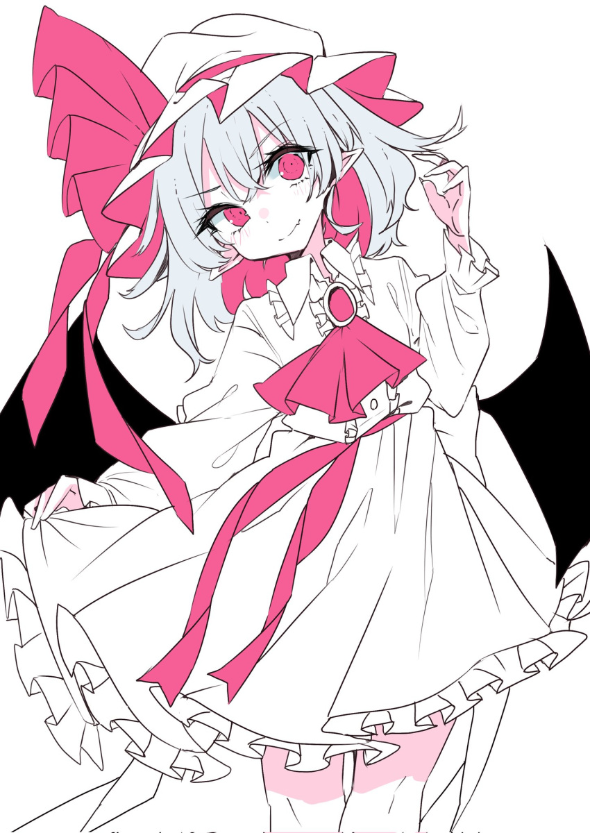 1girl ascot bat_wings brooch dress fang feet_out_of_frame flat_color frills hat hat_ribbon highres jewelry light_smile looking_at_viewer mob_cap muraryo pointy_ears puffy_sleeves red_eyes red_ribbon remilia_scarlet ribbon short_hair simple_background skin_fang skirt solo touhou white_background white_dress white_skirt wings