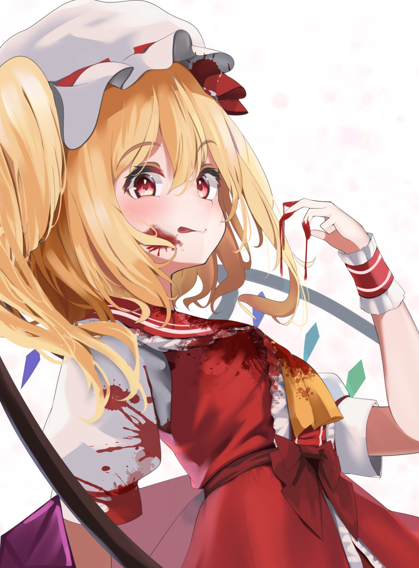 1girl 258n absurdres bangs blonde_hair blood blood_on_clothes blood_on_face bow flandre_scarlet hat highres long_hair looking_at_viewer mob_cap red_bow red_eyes red_vest ribbon shirt short_sleeves simple_background solo touhou vest white_background white_shirt yellow_ribbon