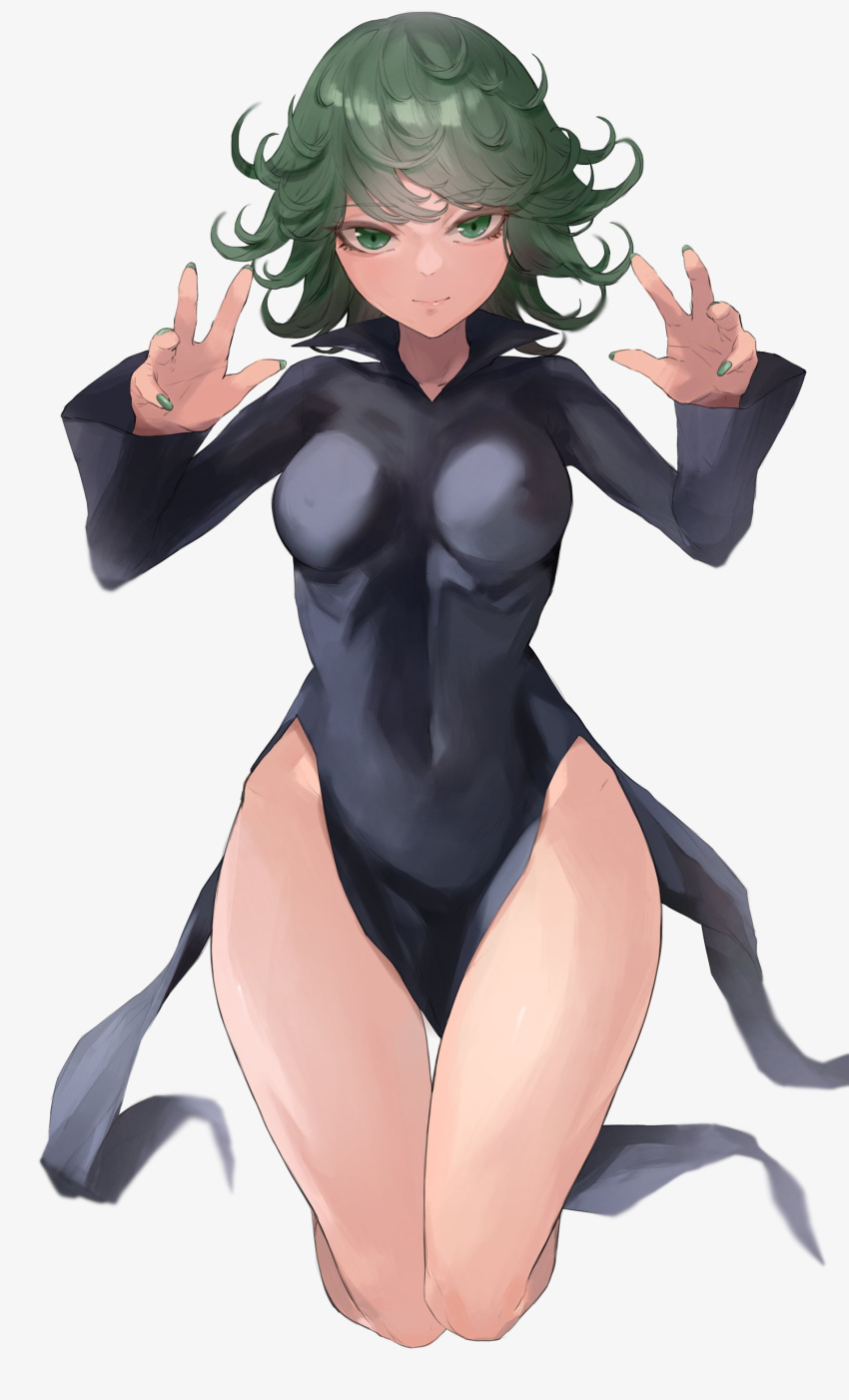 1girl absurdres arms_up bangs bare_legs black_dress breasts closed_mouth covered_navel covered_nipples curly_hair dress eyebrows_visible_through_hair eyelashes fingernails green_eyes green_hair green_nails grey_background highres kataku_musou long_sleeves looking_at_viewer medium_breasts medium_hair nail_polish one-punch_man pelvic_curtain simple_background smile solo tatsumaki thighs