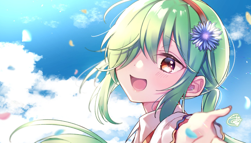 1girl absurdres anzu_1026 bangs brown_eyes clouds green_hair hair_over_one_eye hairband highres indie_virtual_youtuber long_hair looking_at_viewer one_eye_covered open_mouth petals ponytail reaching_out shiratsuyu_rina sky smile solo upper_body virtual_youtuber