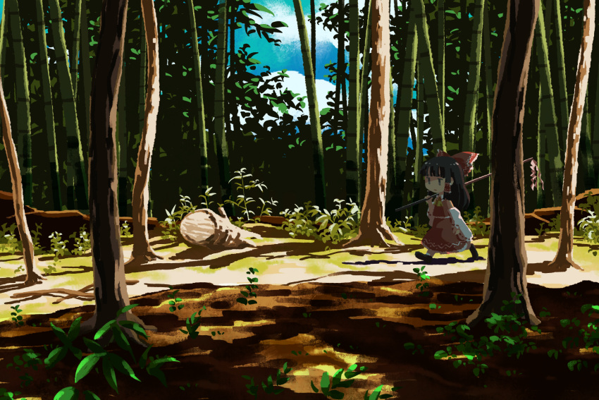 1girl bamboo bamboo_forest black_hair clouds forest gohei hakurei_reimu highres holding japanese_clothes jiageya_(atojian_keikaku) leaf long_hair miko nature red_ribbon ribbon sky sleeveless solo touhou tree walking