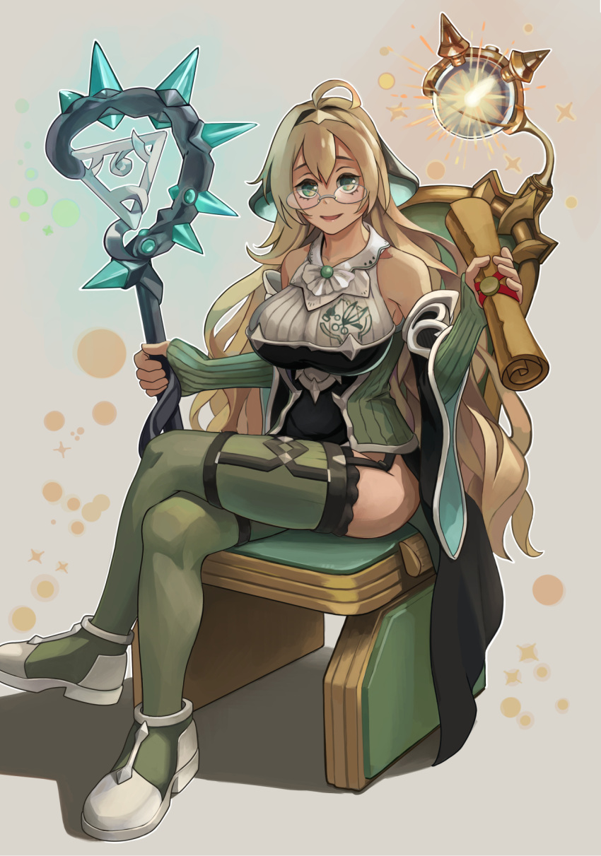 1girl bare_shoulders blonde_hair breasts chair detached_sleeves duel_monster garter_straps glasses green_eyes highres kiyama large_breasts long_hair looking_at_viewer scroll servant_of_endymion shoes sleeveless solo staff thigh-highs very_long_hair wide_sleeves witchcrafter_genni yu-gi-oh!