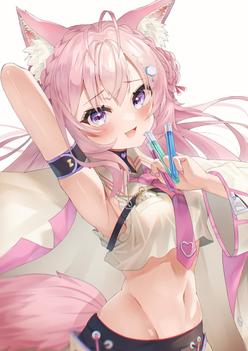 1girl absurdres ahoge animal_ears arm_behind_head armband armpits bare_shoulders blush braid breasts cowboy_shot coyote_ears coyote_girl coyote_tail crop_top crop_top_overhang eyebrows_visible_through_hair hakui_koyori highres hololive holox long_hair long_sleeves looking_at_viewer lowleg medium_breasts midriff navel necktie open_mouth pink_hair pink_nails pink_necktie rykysd simple_background smile stomach test_tube violet_eyes virtual_youtuber white_background wide_sleeves