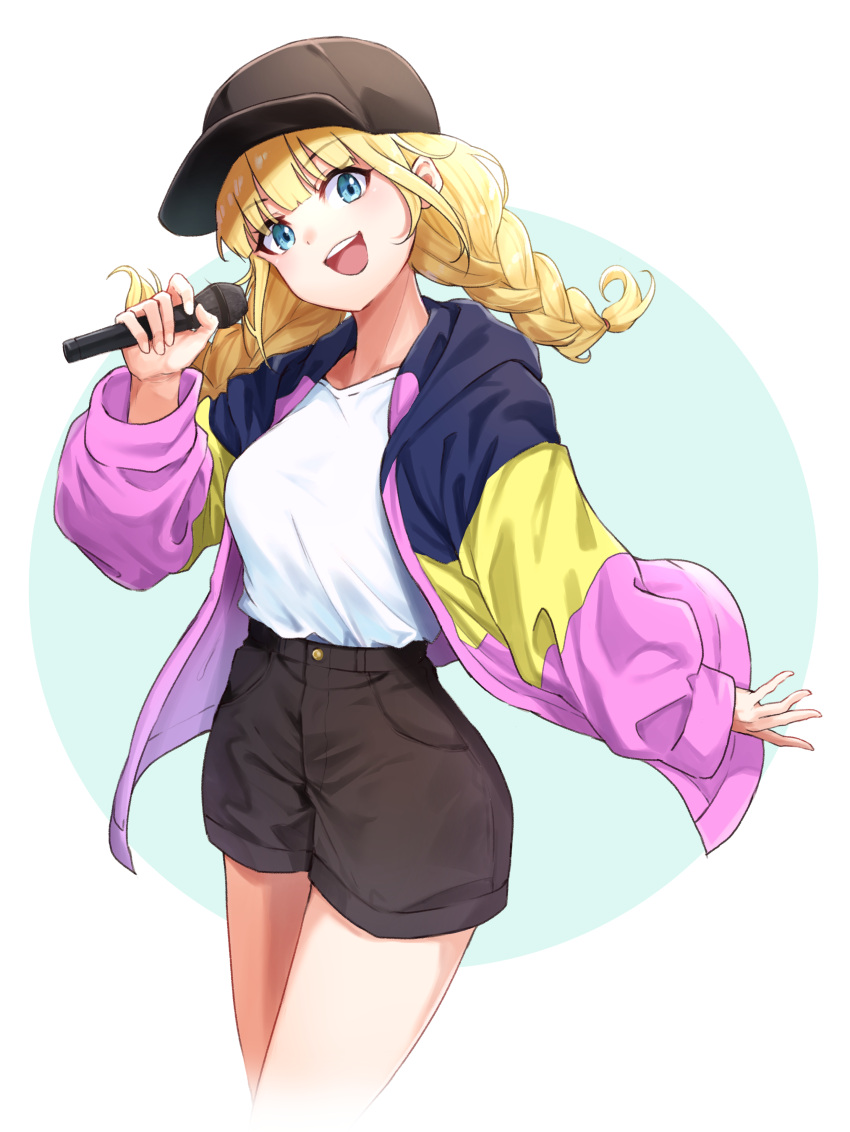 1girl absurdres bangs baseball_cap black_headwear black_shorts blonde_hair blue_eyes blunt_bangs braid breasts collarbone hat head_tilt highres hood hoodie long_hair long_sleeves looking_at_viewer m.tokotsu medium_breasts microphone open_clothes open_hoodie open_mouth paripi_koumei shirt shirt_tucked_in short_shorts shorts sidelocks smile thighs tsukimi_eiko twin_braids v_neck white_shirt