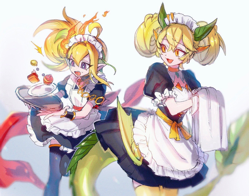 2girls ahoge alternate_costume apron black_choker black_legwear blonde_hair breasts choker commentary_request dragon_girl dragon_horns dragon_tail duel_monster eyebrows_visible_through_hair eyes_visible_through_hair fire green_hair horns looking_back maid maid_apron maid_headdress medium_breasts multicolored_hair multiple_girls open_mouth parlor_dragonmaid pointy_ears sasagaku_sando sevens_road_witch side_ponytail tail thigh-highs towel tray twintails two-tone_hair violet_eyes yellow_legwear yu-gi-oh! yu-gi-oh!_rush_duel
