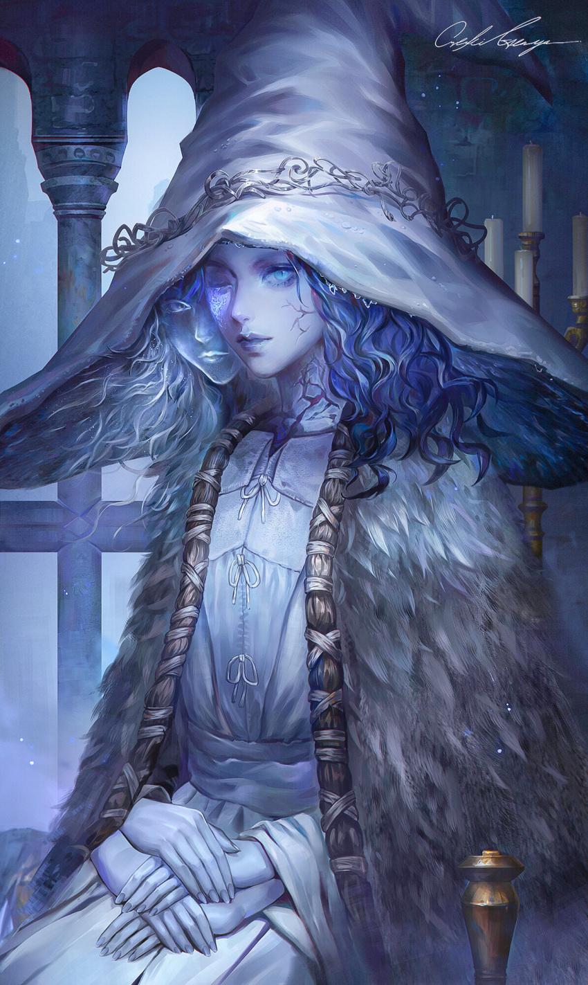 1girl blue_eyes blue_hair blue_skin candle cloak closed_mouth colored_eyelashes colored_skin cracked_skin dress elden_ring extra_arms extra_faces fur_cloak hands_on_lap hat highres long_hair looking_at_viewer one_eye_closed oreki_genya pillar ranni_the_witch sitting slit_pupils smile solo witch witch_hat