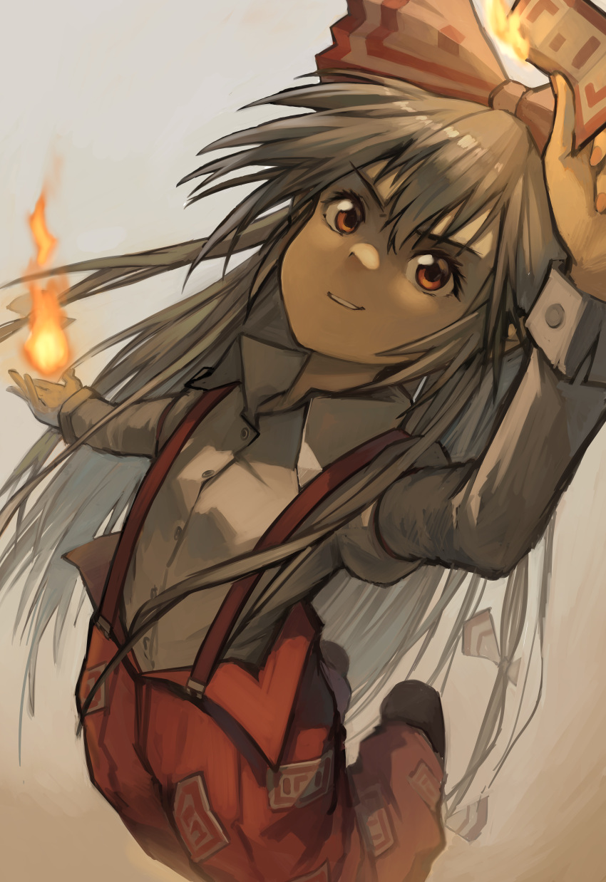 1girl absurdres arm_up brown_eyes eyebrows_behind_hair fire fujiwara_no_mokou highres jumping kornod legs_up long_hair looking_up ribbon smile solo talisman touhou very_long_hair white_hair