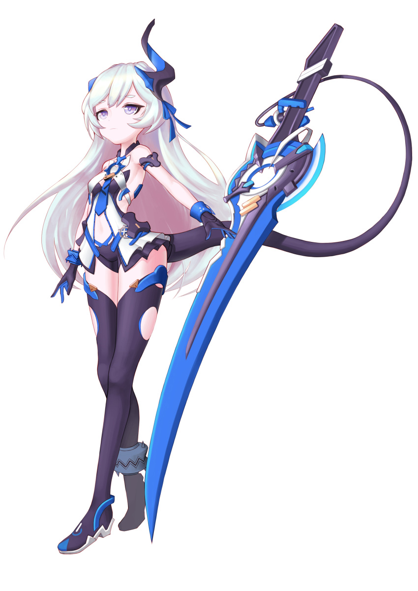 1girl absurdres bangs bare_shoulders black_footwear black_gloves blue_eyes blue_hair boots closed_mouth full_body gloves highres holding holding_sword holding_weapon honkai_(series) honkai_impact_3rd horns liliya_olenyeva long_hair miyamoya navel prehensile_tail simple_background single_horn sleeveless solo sword tail thigh-highs thigh_boots weapon white_background
