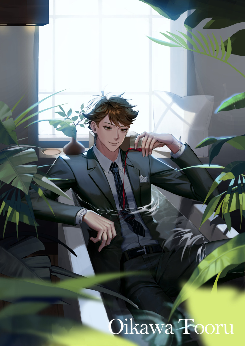 1boy absurdres bathtub belt brown_eyes brown_hair business_suit character_name closed_mouth collared_shirt cup drinking_glass formal haikyuu!! highres holding holding_cup indoors jacket kkuni long_sleeves male_focus necktie oikawa_tooru_(haikyuu!!) open_clothes open_jacket pants partially_submerged plant red_wine shirt shirt_tucked_in smile solo suit water white_shirt window wine_glass