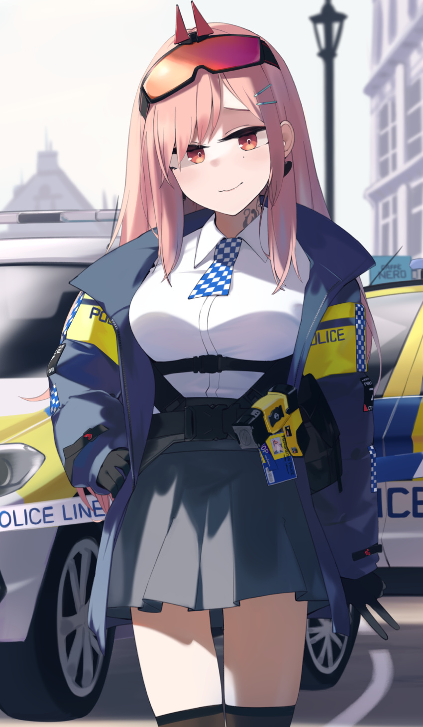 1girl absurdres bangs black_legwear breasts building car checkered_necktie city closed_mouth collared_shirt cowboy_shot earrings eyebrows_visible_through_hair eyewear_on_head feet_out_of_frame girls_frontline grey_skirt ground_vehicle hair_ornament hairclip heart heart_earrings highres hinami047 jacket jewelry lamppost large_breasts long_hair long_sleeves md5_mismatch mole mole_under_eye motor_vehicle neck_tattoo necktie orange_goggles pink_hair police police_car police_uniform policewoman red_eyes safety_glasses shirt sig_mcx_(girls'_frontline) skirt smile spade_(shape) spade_earrings taser tattoo thigh-highs uniform walkie-talkie white_shirt