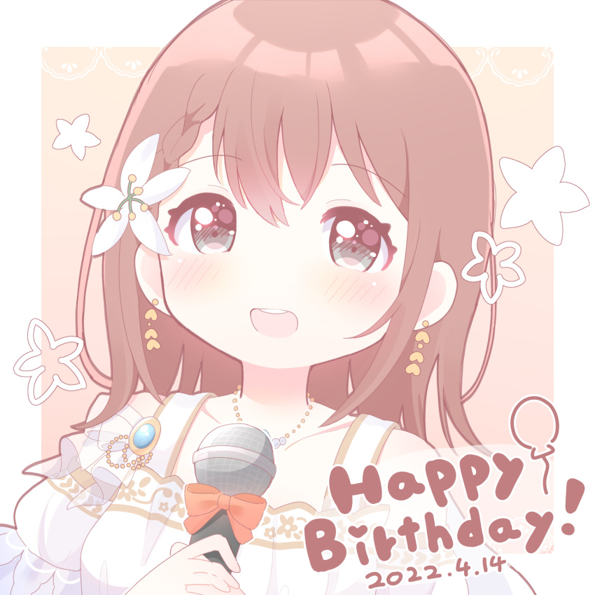 1girl :d bangs bare_shoulders border braid brown_hair collarbone detached_sleeves dot_nose earrings eyebrows_visible_through_hair floral_background flower gold_trim grey_eyes hair_behind_ear hair_between_eyes hanasato_minori happy_birthday highres holding holding_microphone jewelry lace_border light_blush lily_(flower) medium_hair microphone necklace open_mouth orange_background project_sekai puffy_short_sleeves puffy_sleeves red_ribbon ribbon round_teeth short_sleeves simple_background smile solo swept_bangs teeth upper_teeth white_border white_flower yuki_(33098065)