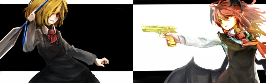 2girls :o aiming ascot bat_wings black_background black_dress black_vest blonde_hair blood blood_on_weapon checkered_background collared_shirt commentary_request desert_eagle dress dress_shirt finger_on_trigger futatsuki_eru golden_gun grand_theft_auto gun hair_between_eyes hair_over_one_eye handgun head_wings highres holding holding_gun holding_weapon koakuma long_hair long_sleeves looking_at_another looking_to_the_side multiple_girls necktie pointy_ears red_ascot red_eyes red_necktie redhead rumia shirt simple_background touhou upper_body vest weapon white_background white_shirt wings