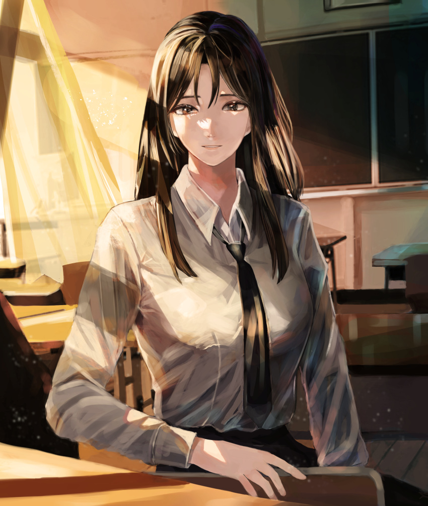 1girl absurdres bangs black_eyes black_hair black_necktie black_skirt chalkboard classroom collared_shirt curtains dumi english_commentary grey_shirt highres long_hair looking_at_viewer necktie original parted_lips school_uniform shirt shirt_tucked_in sitting skirt smile solo