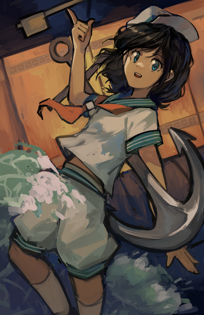 1girl absurdres anchor anchor_symbol black_hair cropped_legs hat highres kornod murasa_minamitsu open_mouth pointing sailor_collar sailor_hat sailor_shirt shirt short_hair shorts smile socks solo stomach touhou water