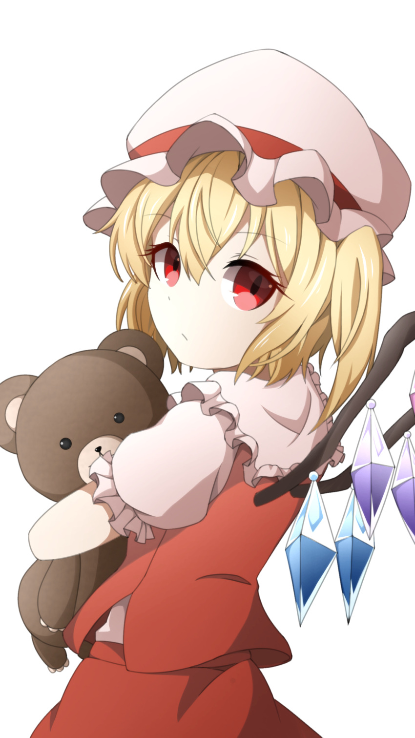 1girl absurdres blonde_hair doll eyebrows_visible_through_hair flandre_scarlet from_behind hat highres hug looking_at_viewer looking_back namagaki-san object_hug pink_headwear red_eyes solo stuffed_animal stuffed_toy teddy_bear touhou white_background wings