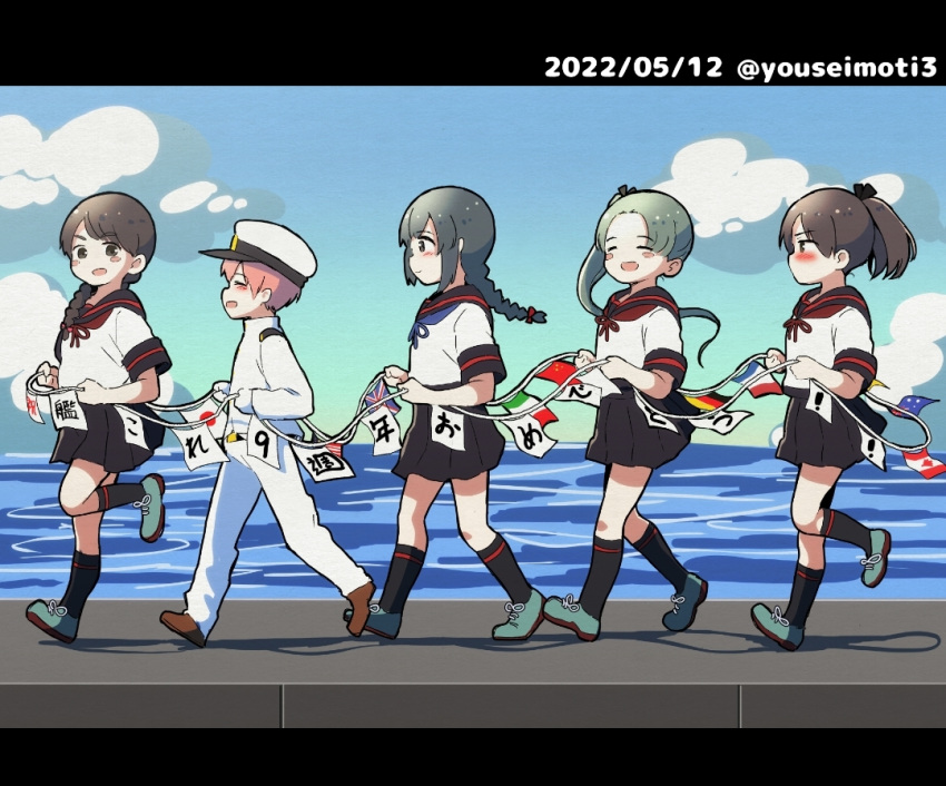 1boy 4girls admiral_(kancolle) ayanami_(kancolle) ayanami_kai_ni_(kancolle) black_hair black_legwear black_sailor_collar black_skirt braid brown_hair green_hair hat isonami_(kancolle) isonami_kai_ni_(kancolle) kantai_collection kneehighs little_boy_admiral_(kancolle) long_hair military military_uniform miniskirt mochisaka_mitsuki multiple_girls naval_uniform peaked_cap pleated_skirt ponytail sailor_collar school_uniform serafuku shikinami_(kancolle) shikinami_kai_ni_(kancolle) short_sleeves side_ponytail sidelocks single_braid skirt uniform uranami_(kancolle) uranami_kai_ni_(kancolle)