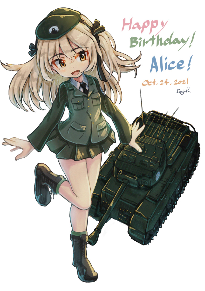 1girl artist_name bangs beret black_footwear black_headwear black_jacket black_necktie black_ribbon black_skirt boots brown_eyes centurion_(tank) character_name combat_boots cross-laced_footwear dated dress_shirt emblem english_text eyebrows_visible_through_hair girls_und_panzer ground_vehicle hair_ribbon happy_birthday hat highres jacket japanese_tankery_league_(emblem) kuroneko_douji lace-up_boots leg_up light_brown_hair long_hair long_sleeves looking_at_viewer military military_hat military_uniform military_vehicle miniskirt motor_vehicle necktie one_side_up open_mouth pleated_skirt ribbon selection_university_military_uniform shimada_arisu shirt skirt smile solo standing standing_on_one_leg tank uniform white_shirt