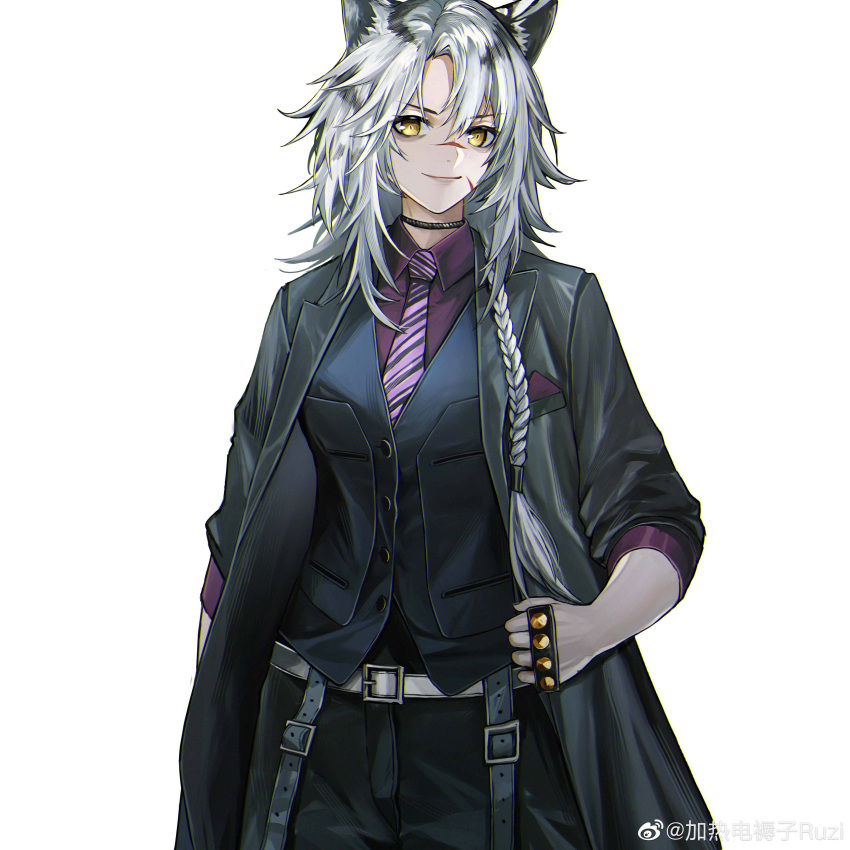 1girl absurdres animal_ears arknights bangs belt black_jacket braid breasts choker cowboy_shot dress eyebrows_visible_through_hair highres indra_(arknights) indra_(valiant_general)_(arknights) jacket jia_redian_ruzi_ruzi long_hair looking_at_viewer multicolored_hair necktie official_alternate_costume pants purple_shirt scar scar_on_face shirt simple_background single_braid sleeves_rolled_up smile solo striped_necktie tiger_ears waistcoat weibo_logo weibo_username yellow_eyes
