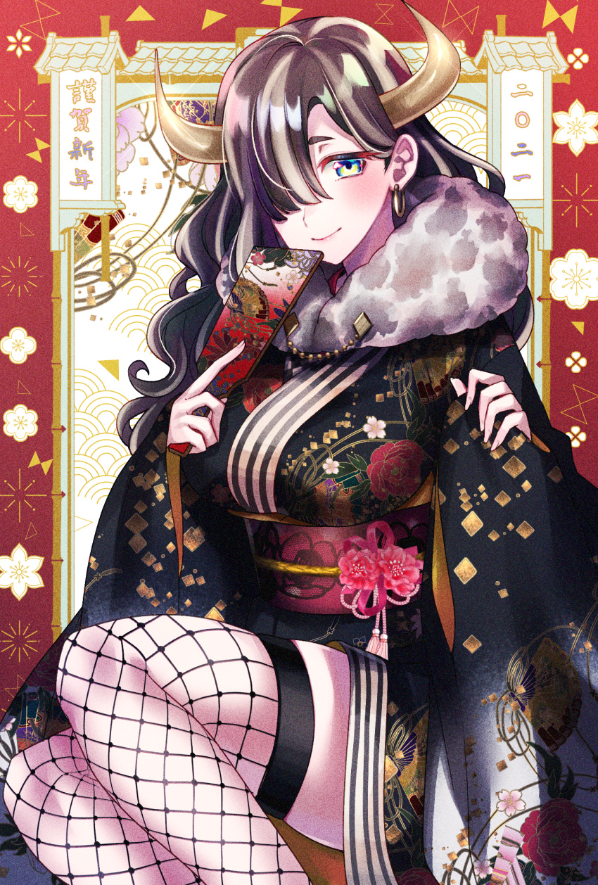 1girl animal_print black_kimono blue_eyes breasts brown_hair chinese_zodiac closed_mouth cow_horns cow_print earrings feet_out_of_frame fishnet_legwear fishnets flower fur_trim grey_hair hagoita hair_over_one_eye happy_new_year highres holding horns japanese_clothes jewelry kimono long_hair looking_at_viewer medium_breasts multicolored_hair new_year obi obijime original paddle pink_flower ponita sash seigaiha smile solo streaked_hair thigh-highs thighs year_of_the_ox