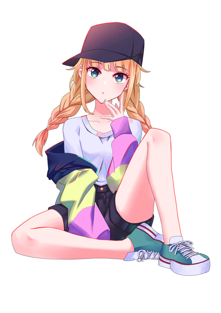1girl absurdres bangs bare_legs baseball_cap black_headwear black_shorts blonde_hair blue_eyes blunt_bangs braid breasts closed_mouth collarbone eyebrows_visible_through_hair hand_to_own_mouth hat head_tilt highres hood hoodie knee_up long_hair looking_at_viewer paripi_koumei shirt shirt_tucked_in shoes shorts simple_background sitting sneakers solo spread_legs tsukimi_eiko white_shirt yumesphere