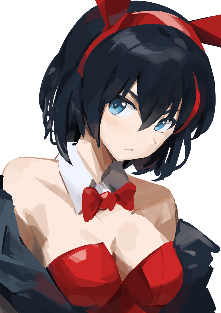 1girl absurdres animal_ears bangs bare_shoulders black_hair blue_eyes bow bowtie breasts closed_mouth frown hair_between_eyes highres jacket kill_la_kill leotard looking_at_viewer matoi_ryuuko medium_breasts multicolored_hair open_clothes open_jacket playboy_bunny rabbit_ears red_leotard redhead short_hair solo strapless strapless_leotard streaked_hair t-lex two-tone_hair