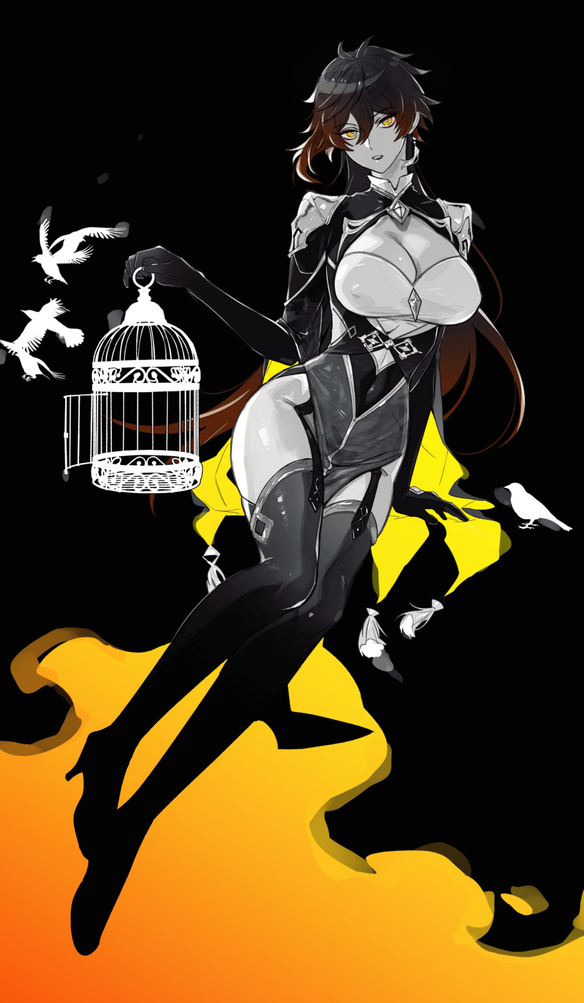 1girl absurdres animal bangs bird birdcage black_background black_gloves black_hair breasts brown_hair cage coattails collared_shirt earrings eyeliner eyeshadow full_body garter_straps genderswap genderswap_(mtf) genshin_impact gloves godwkgodwk gradient_hair hair_between_eyes high_heels highres holding holding_cage jacket jewelry large_breasts long_hair long_sleeves makeup multicolored_hair open_mouth partially_colored red_eyeshadow revision shirt simple_background single_earring solo tassel tassel_earrings thigh-highs vest yellow_eyes zhongli_(genshin_impact)