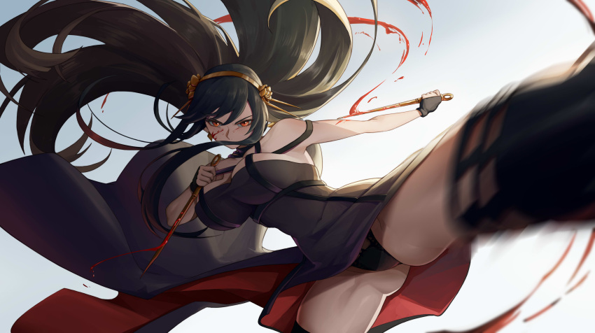 1girl absurdres black_hair black_panties blood blood_on_face blood_on_weapon blood_splatter breasts cy9 dress hair_ornament hairband highres kicking large_breasts long_hair motion_blur panties solo spy_x_family underwear weapon yor_briar